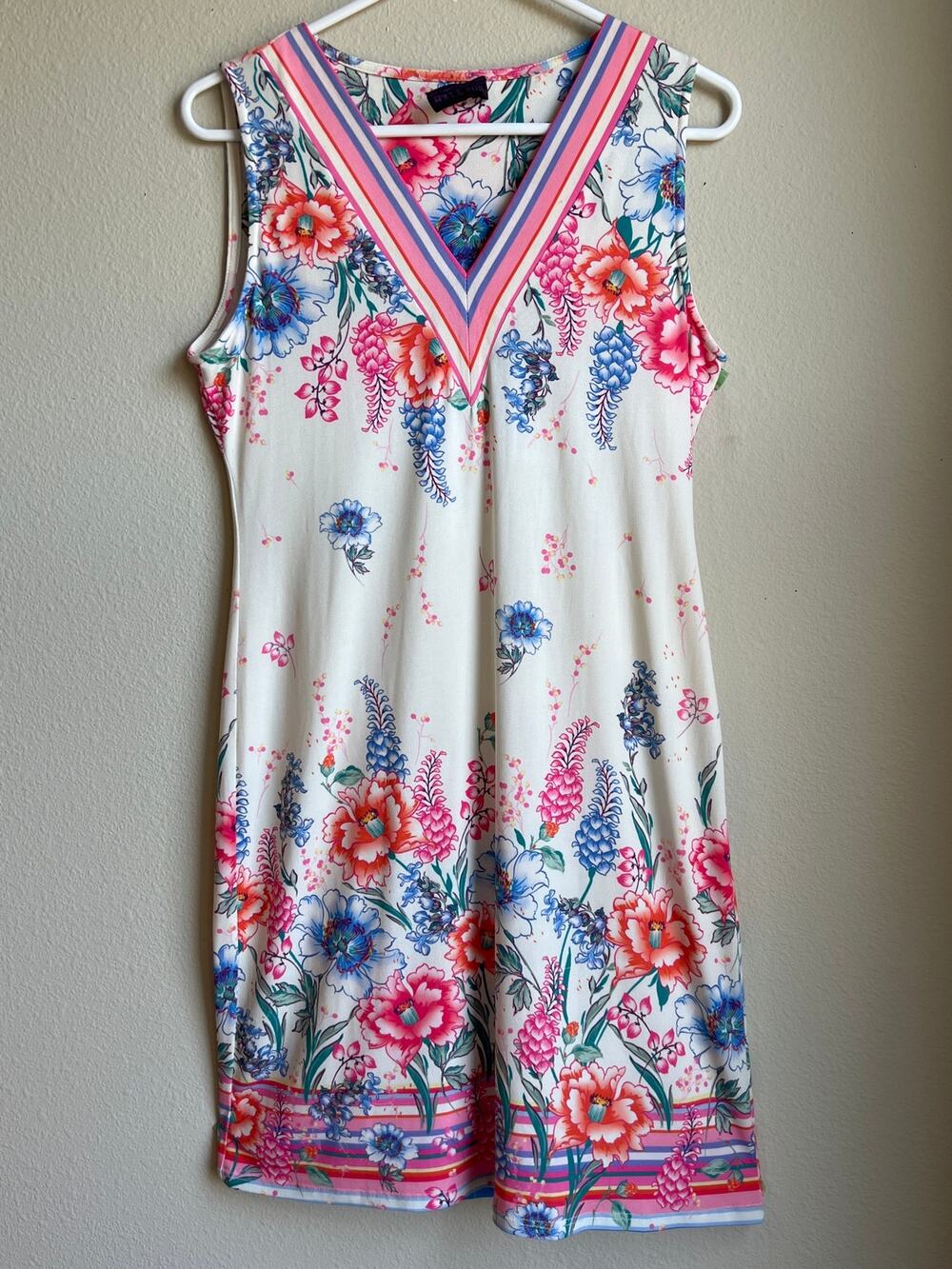 Hale Bob Floral V-Neck Sleeveless Lined Matte Jersey Sheath Dress Medium